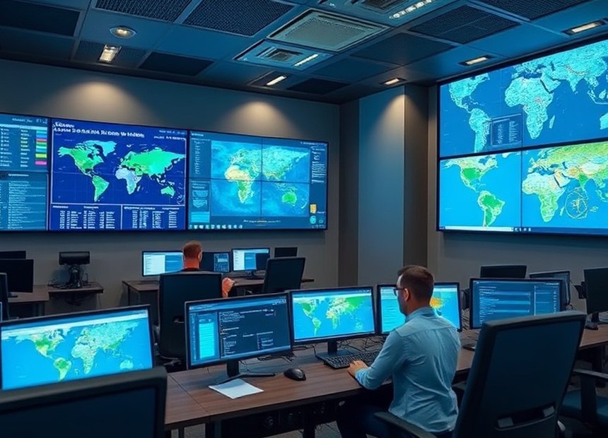 Centro de monitoreo con el estado de la red de terminales en pantalla